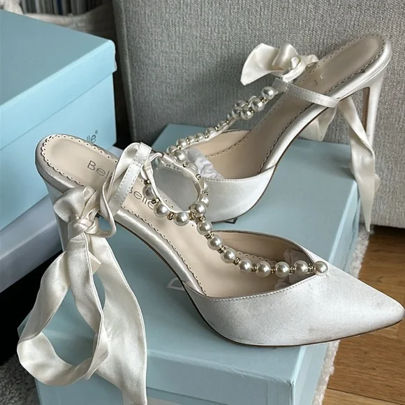 Bella Belle Lisbeth heels. Pearl T-Strap Ivory Heels with Ankle Wrap Bow - Picture 7 of 7